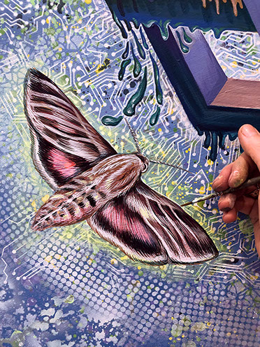 acryl gemälde in arbeit mit falter