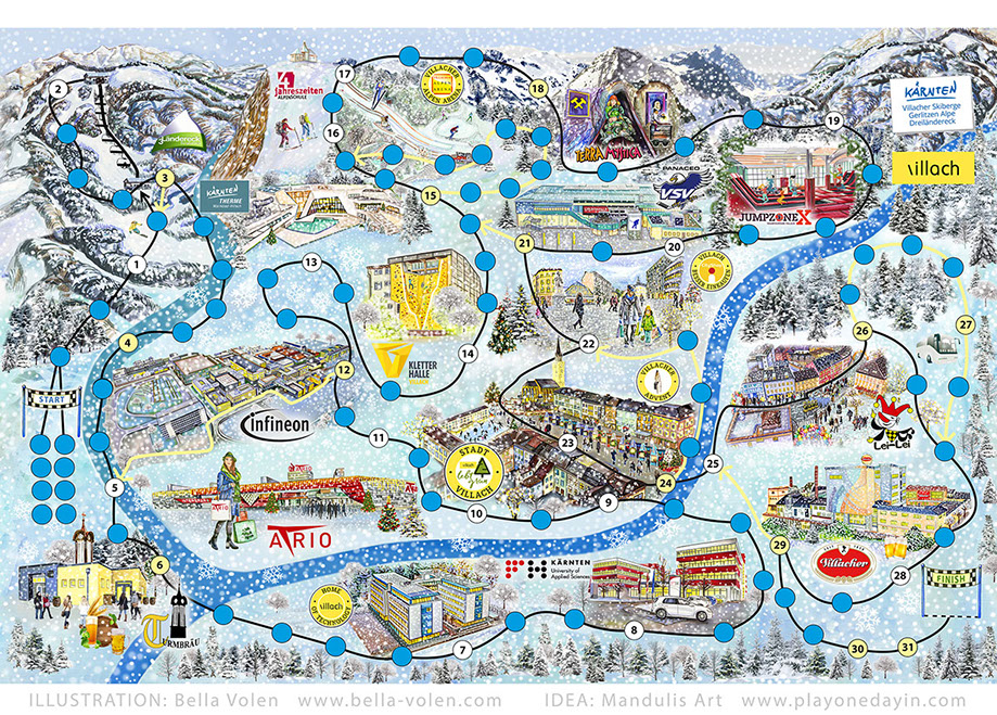 Board game illustration- One Day in Villach Winter/ Brettspiel Illustration Winter