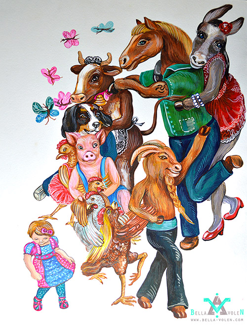 illustration with dancing animals, illustrator