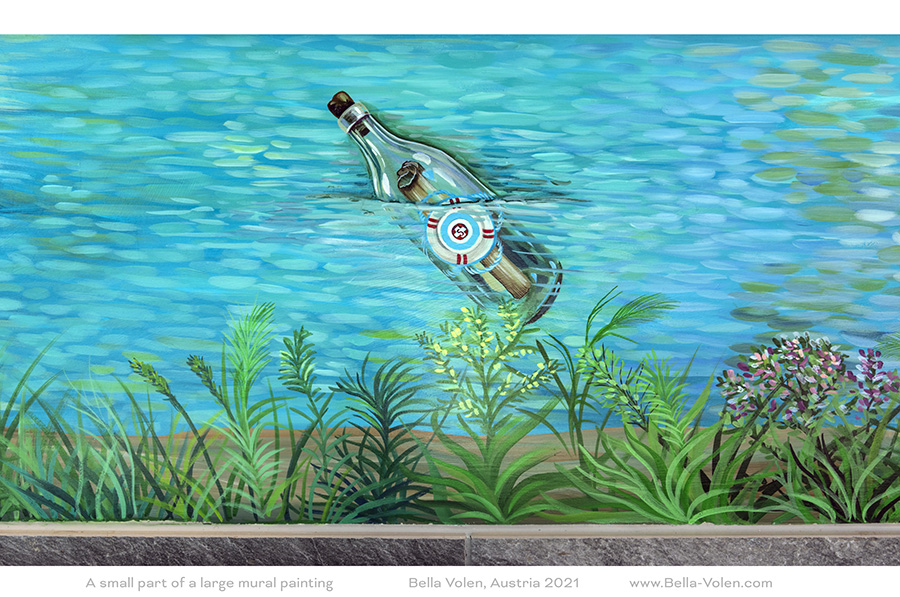 wandmalerei wien, wandmalerei in oesterreich; message in a bottle painting mural